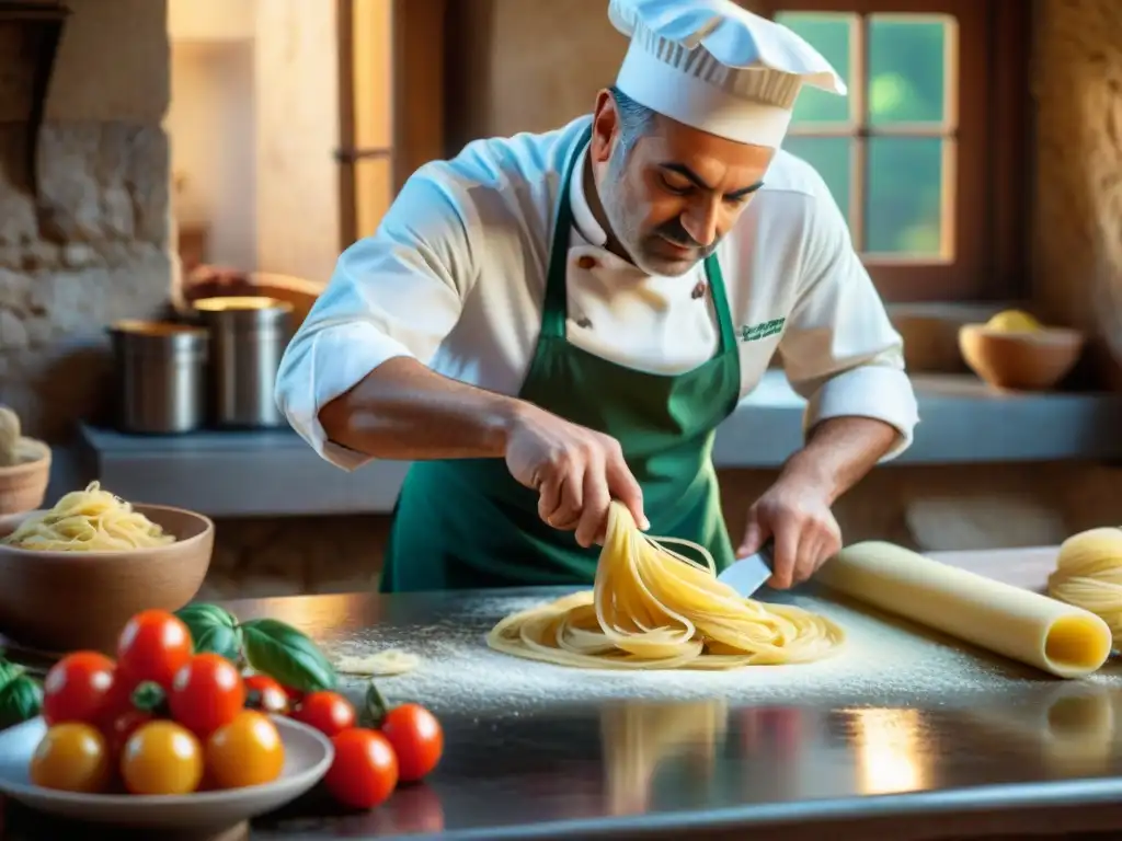 Experiencias gastronómicas en las Islas Italianas: Un chef italiano preparando pasta casera en una cocina rústica de Sicilia