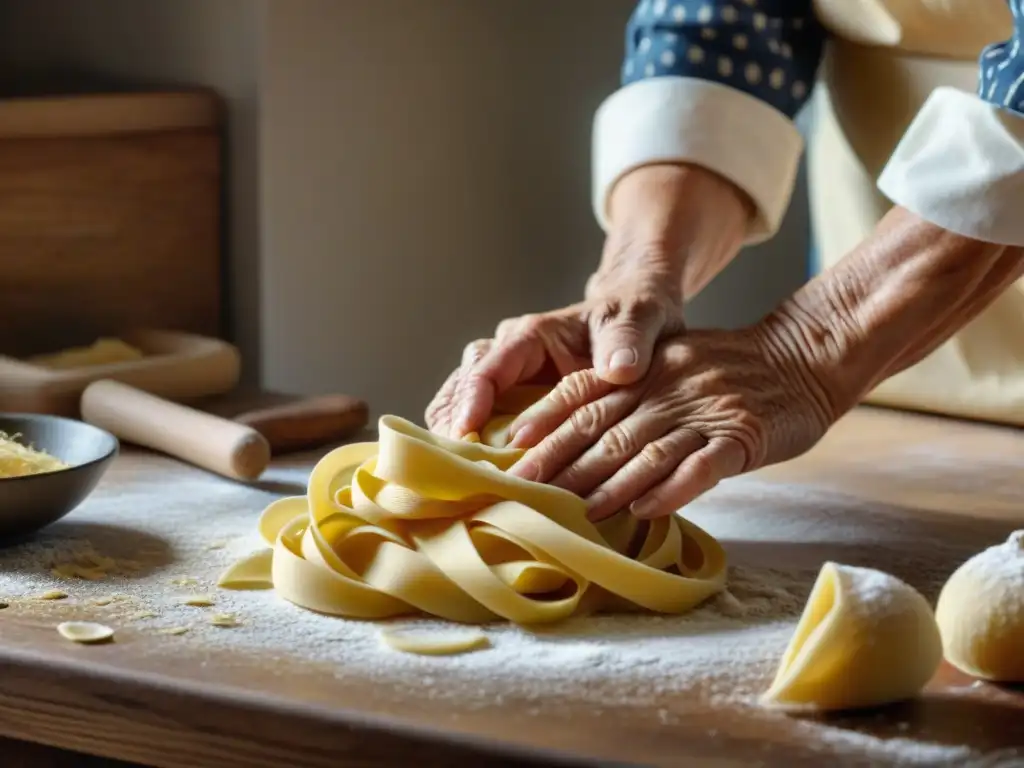 Las experimentadas manos de una abuela italiana amasando masa fresca en una encimera de madera, iluminadas por la suave luz natural