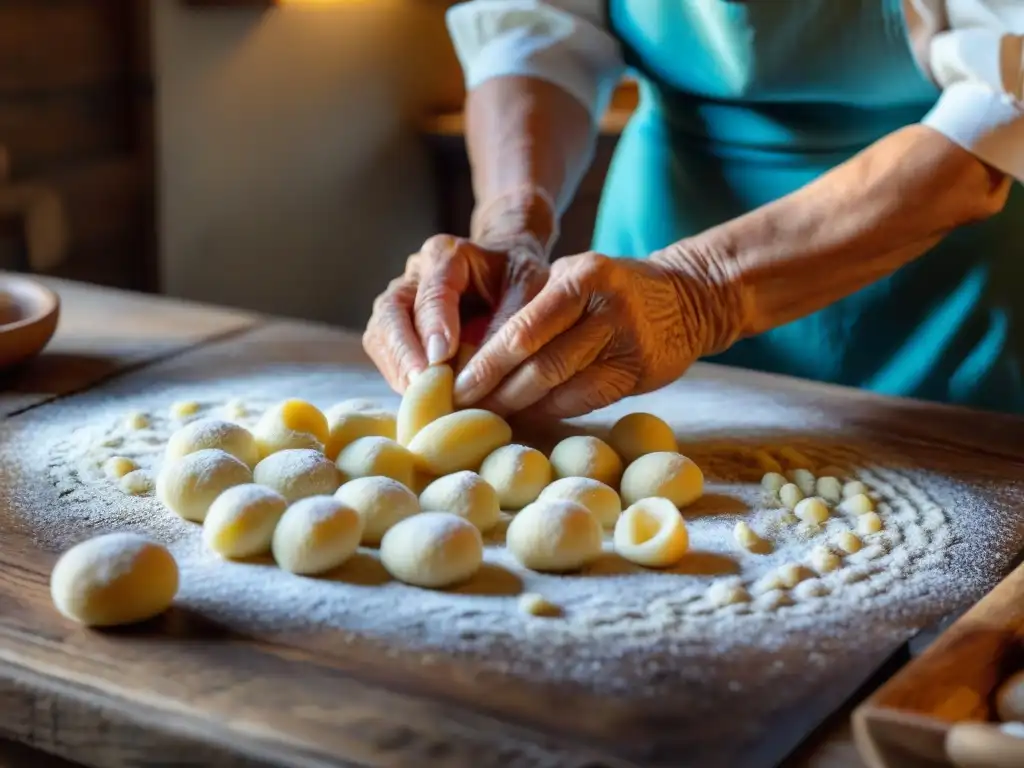 Las experimentadas manos de una anciana italiana moldeando gnocchi en una mesa rústica, historia de recetas fermentadas italianas