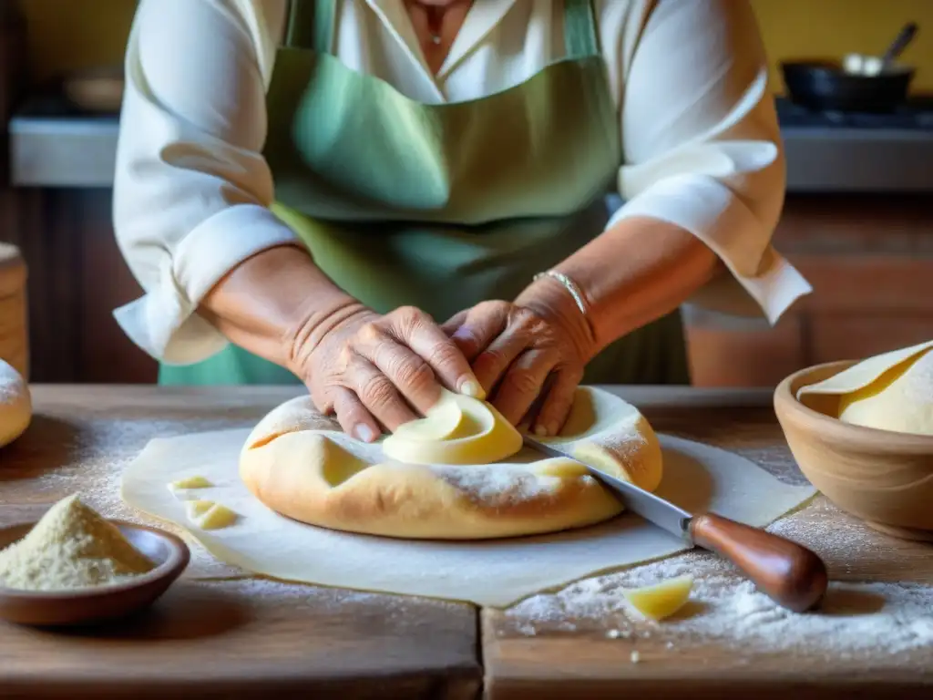 Las experimentadas manos de una anciana en Umbría moldeando masa para la Torta al Testo receta tradicional