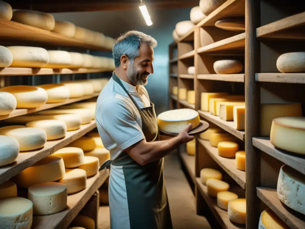 Las experimentadas manos del maestro quesero italiano inspeccionan con cuidado una rueda de queso envejecido en una bodega rústica y tenue