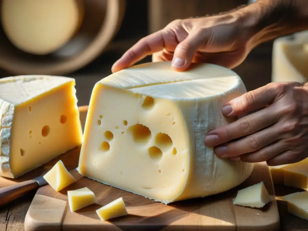 Arte en Queso: Creación experta de queso Asiago Las experimentadas manos de un maestro quesero creando un queso Asiago, mostrando la artesanía y tradición