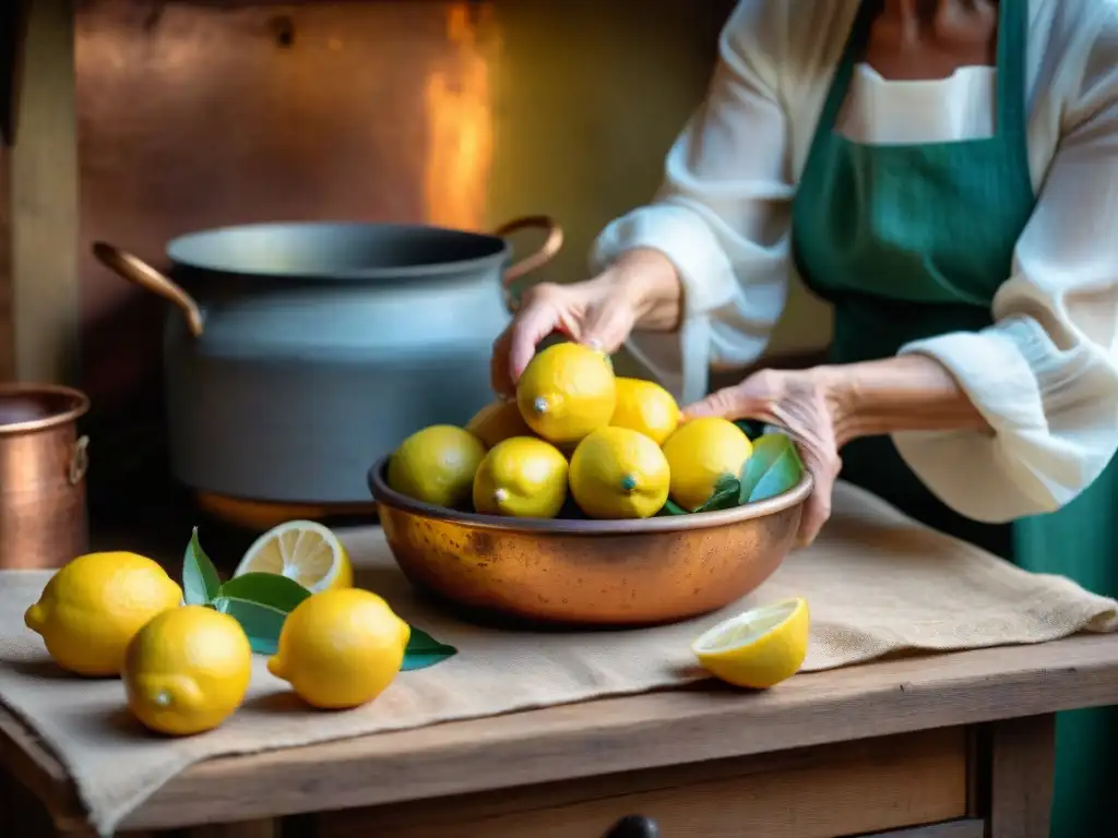 Las experimentadas manos de una nonna italiana pelando limones para hacer limoncello, con una cocina rústica al fondo