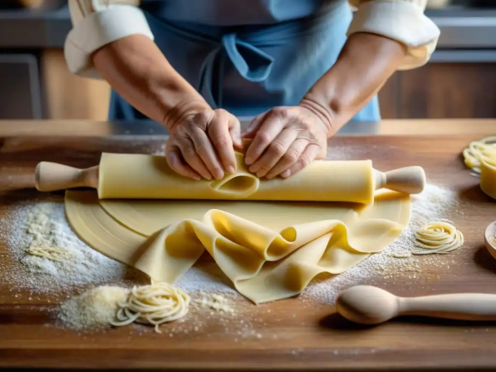 Las experimentadas manos de una nonna italiana elaborando pasta fresca a mano con utensilios esenciales de la cocina italiana