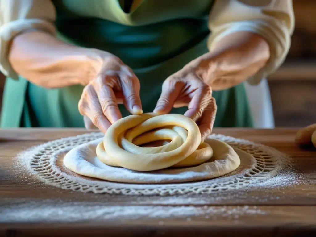 Las experimentadas manos de una nonna italiana moldeando taralli en una mesa rústica