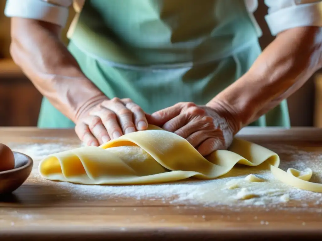 Las experimentadas manos de una nonna italiana experta en cocina tradicional, amasando pasta casera en una mesa de madera durante la Navidad