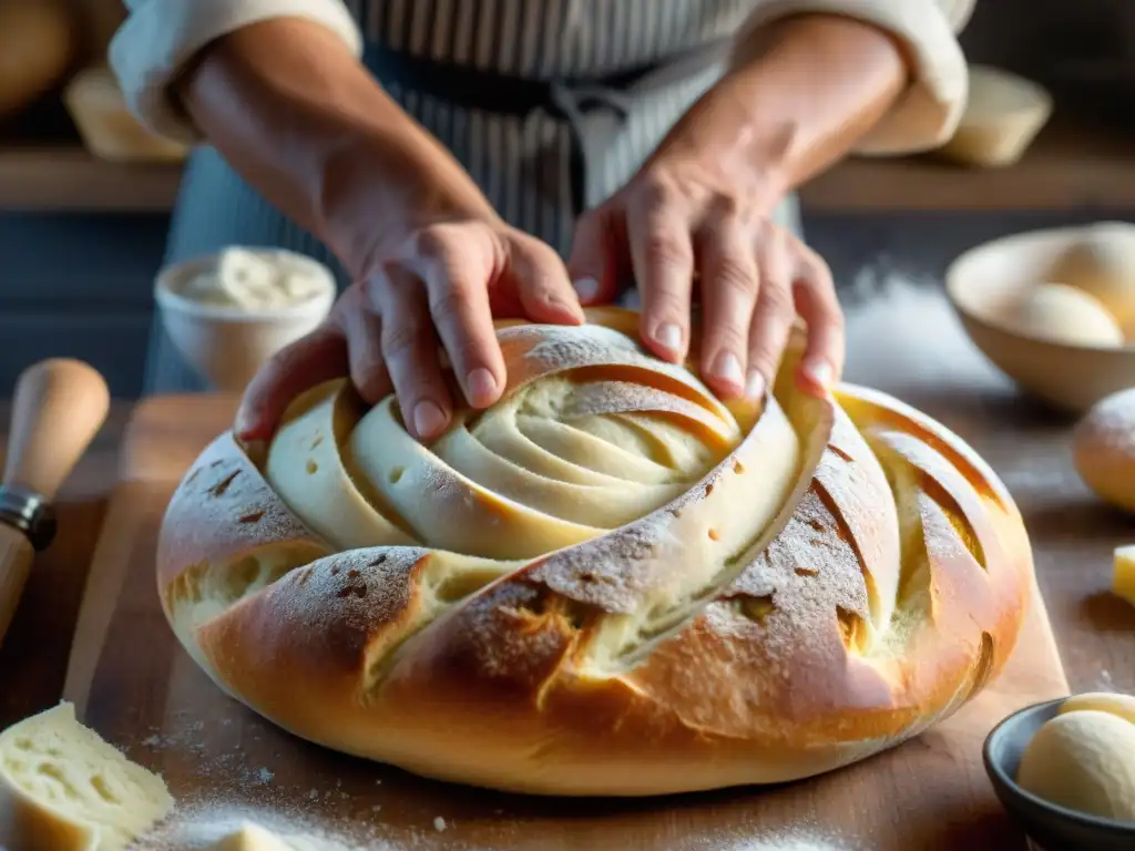 Las experimentadas manos del panadero moldean con destreza el tradicional pan Pane Toscano Toscana, en una escena de autenticidad y tradición