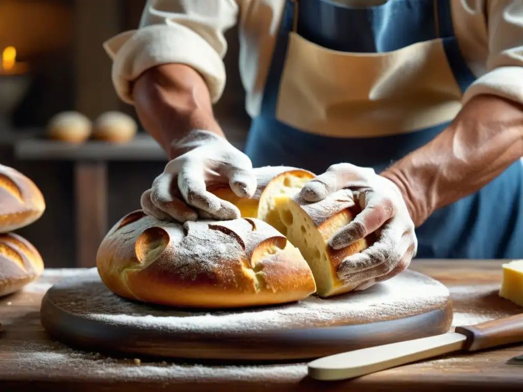 Las experimentadas manos de un panadero italiano moldean masa en un entorno artesanal, evocando la historia y el arte del pan italiano