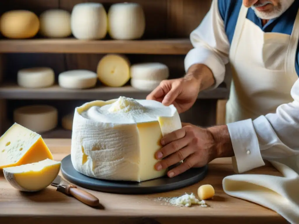 Las experimentadas manos del quesero italiano envuelven delicadamente la ricotta, resaltando la artesanía de la auténtica ricotta italiana