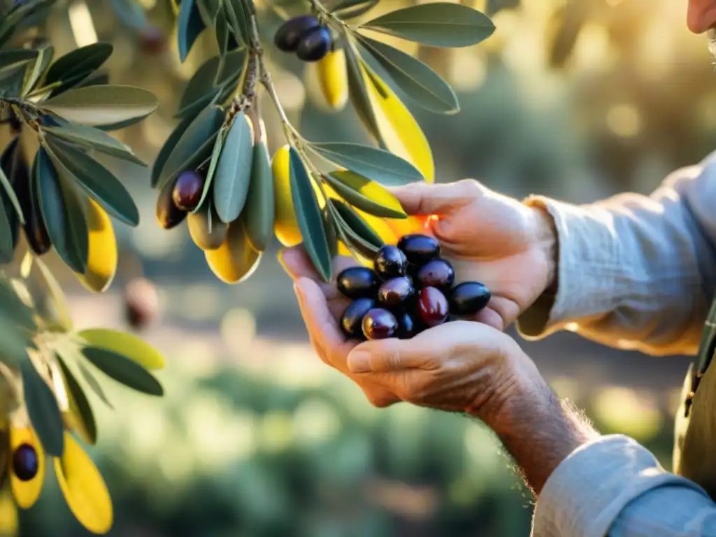 Las experimentadas manos del recolector de aceitunas italiano recogen suavemente aceitunas maduras bajo el sol, en la campiña italiana