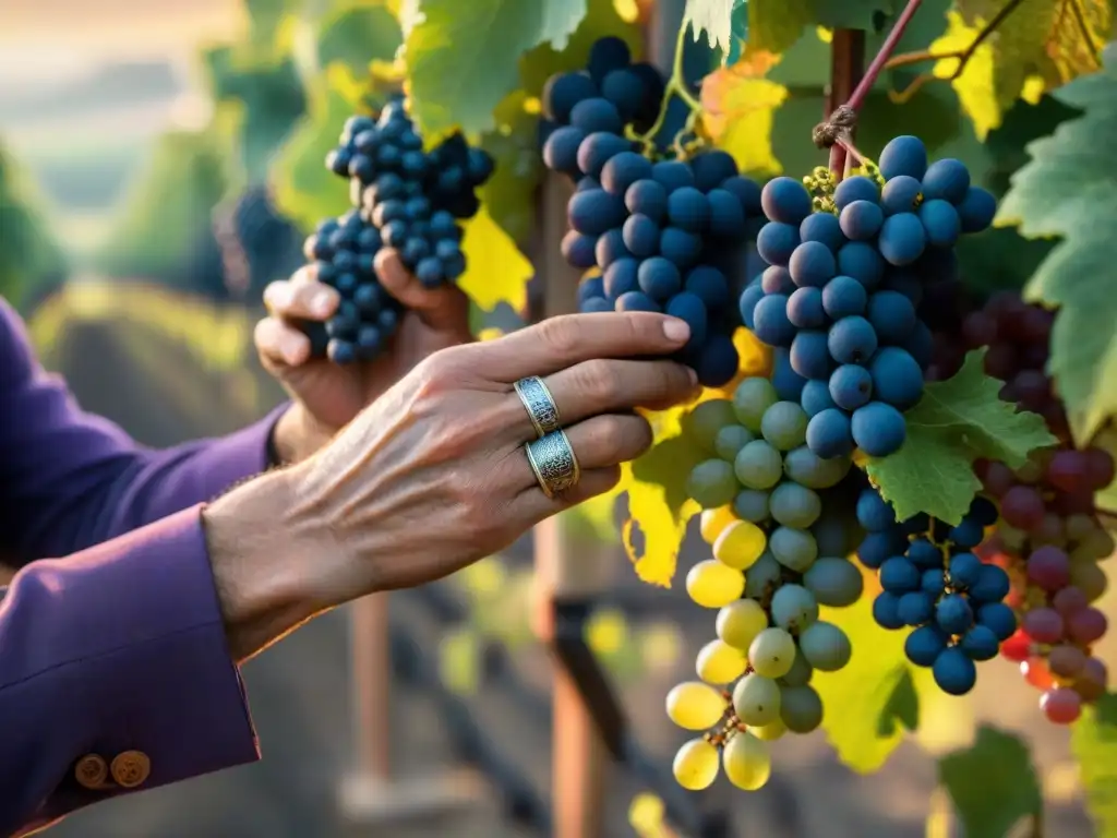 Las experimentadas manos de un viticultor italiano recogen uvas Sangiovese bajo la cálida luz dorada, en una escena elegante y rústica