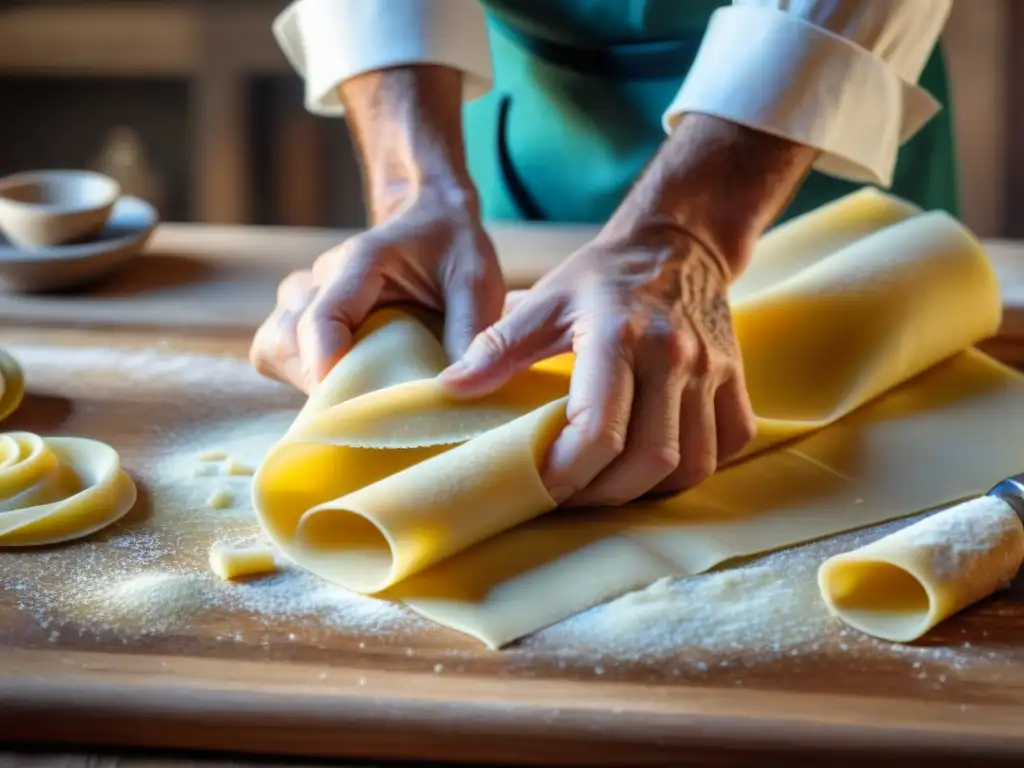 Experimentado chef italiano amasa fina pasta fresca en mesa de madera con semolina