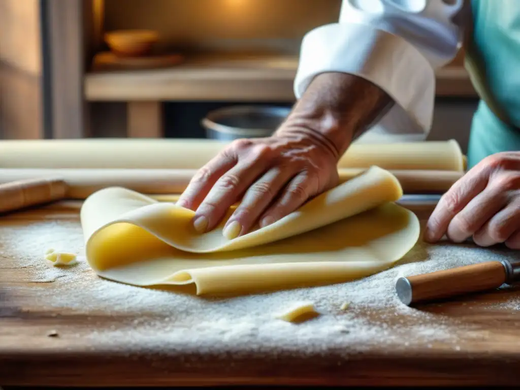 Un experimentado chef italiano elabora pasta fresca con destreza en una atmósfera rústica