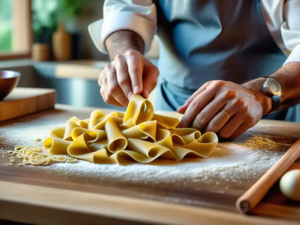 Maestro italiano de la pasta: tradición y destreza en la cocina Un experimentado chef italiano moldea pasta artesanal con destreza