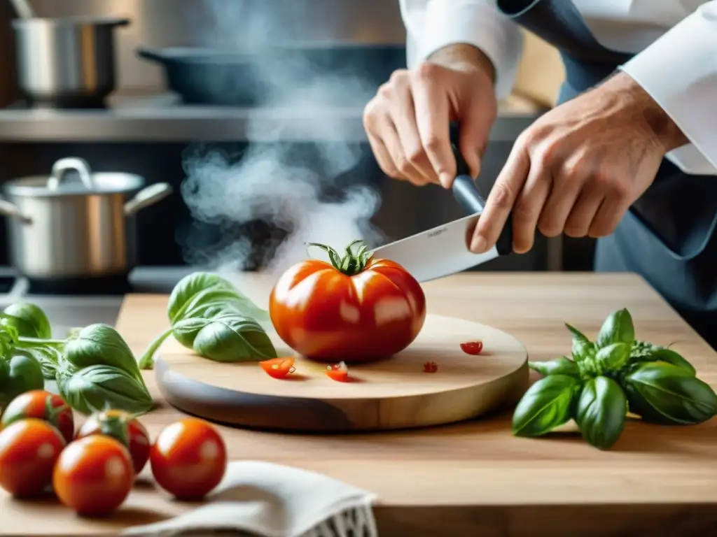 Un experimentado chef italiano cortando con precisión un tomate rojo brillante en una cocina rústica