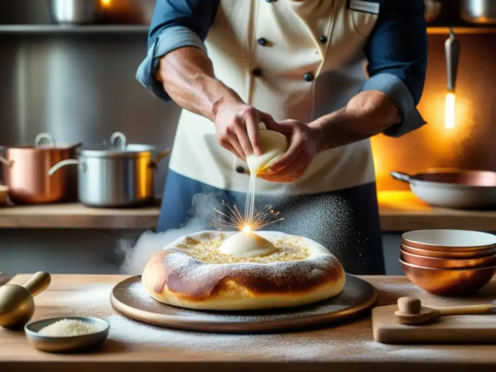 Un experimentado chef de pizza moldea con destreza una masa madre burbujeante, creando una base perfecta en una cocina rústica