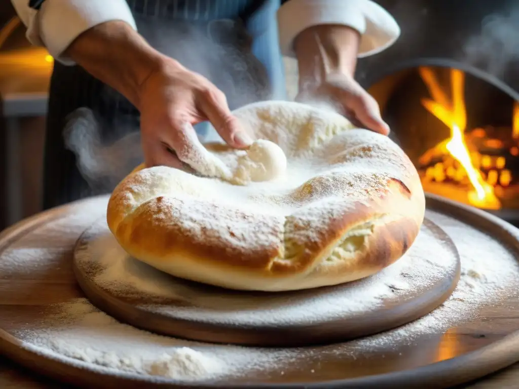 Un experimentado chef de pizza trabaja la masa madre en una cocina tradicional, con hornos de leña crepitantes al fondo