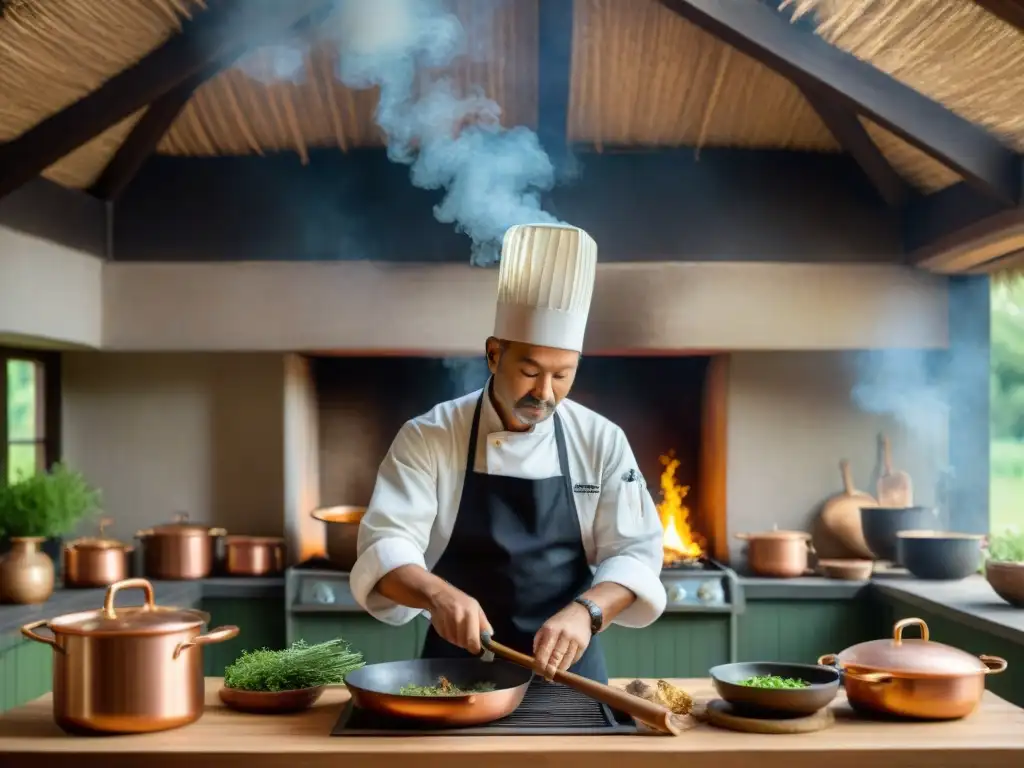 Un experimentado chef prepara un plato rústico sobre fuego abierto en una cocina norteña tradicional, reflejando las Tradiciones culinarias del norte