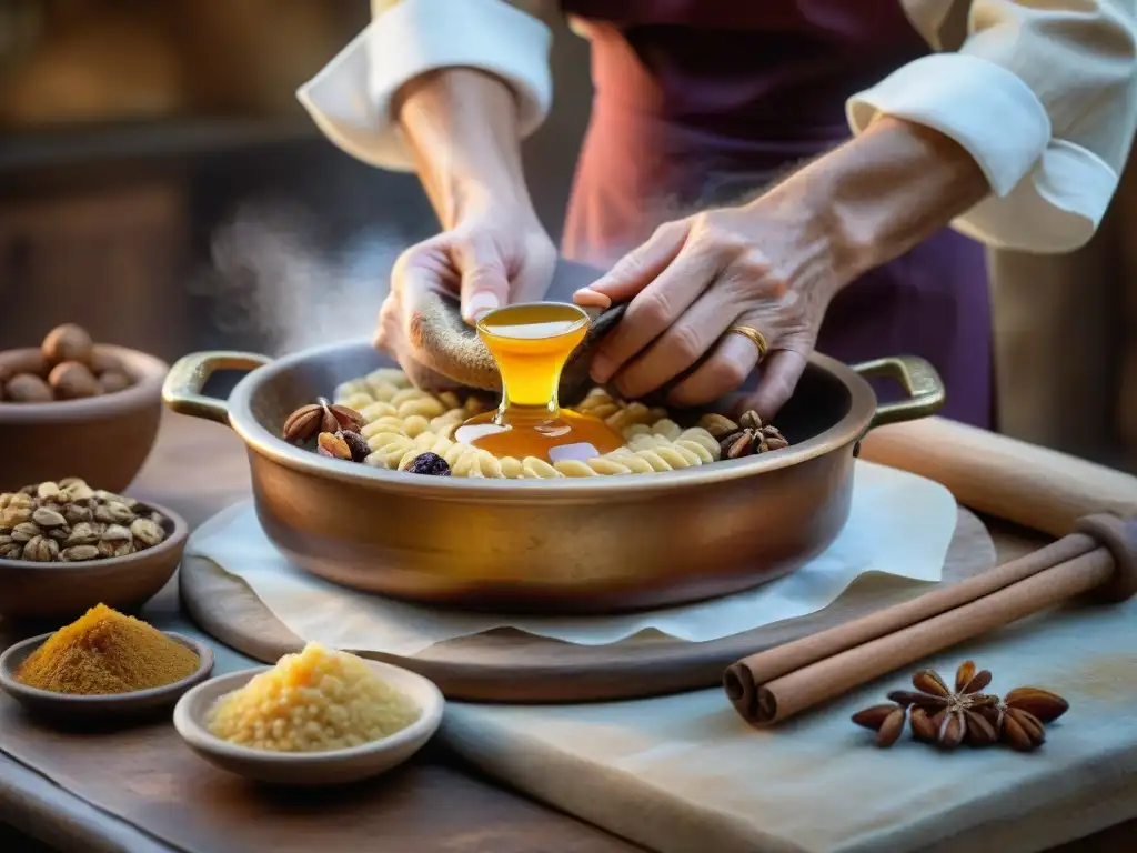 Un experimentado panadero italiano mezcla con maestría una receta tradicional de panforte en una cocina toscana