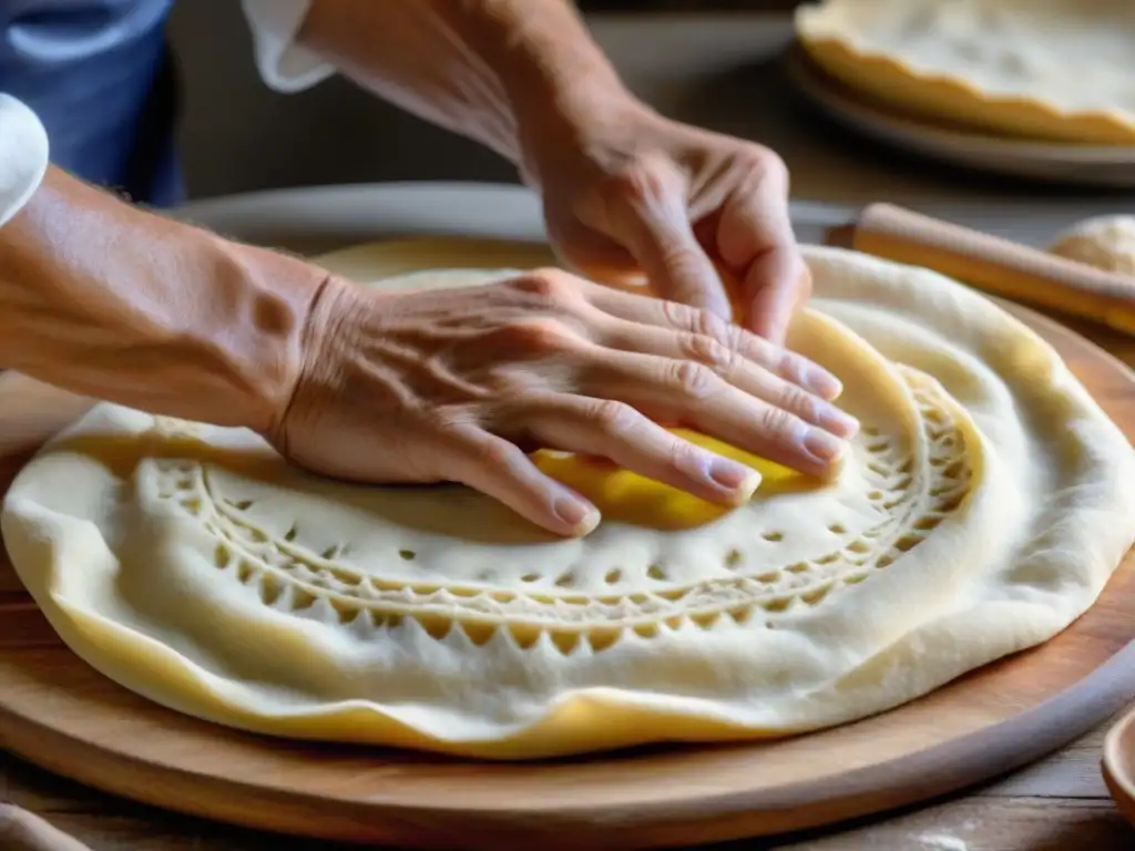 Experimentado panadero estira delicadamente la masa de Pane Carasau en cocina sarda tradicional