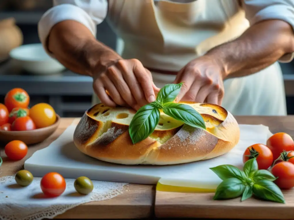 El experimentado panadero siciliano prepara con pasión un Pane Cunzato, mostrando la receta tradicional