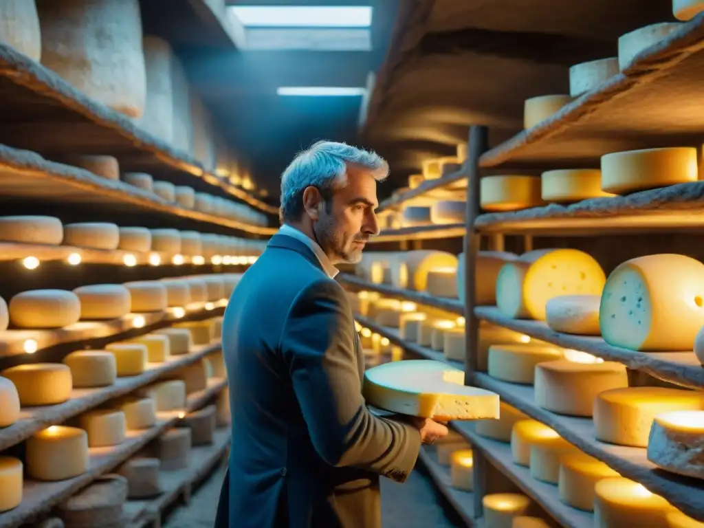 Maestro quesero en cueva de quesos azules Un experimentado quesero revisa meticulosamente las ruedas de queso Gorgonzola y Roquefort en una cueva
