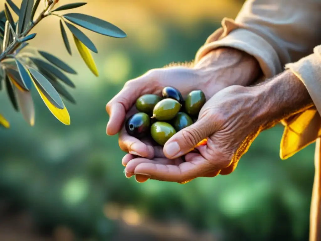 Unos experimentados y amorosos manos sostienen una jugosa aceituna, simbolizando la dedicación en la producción de aceite de oliva premium italiano