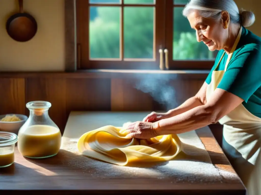 Nonna experta en cocina italiana, amasa pasta a mano en cocina rústica