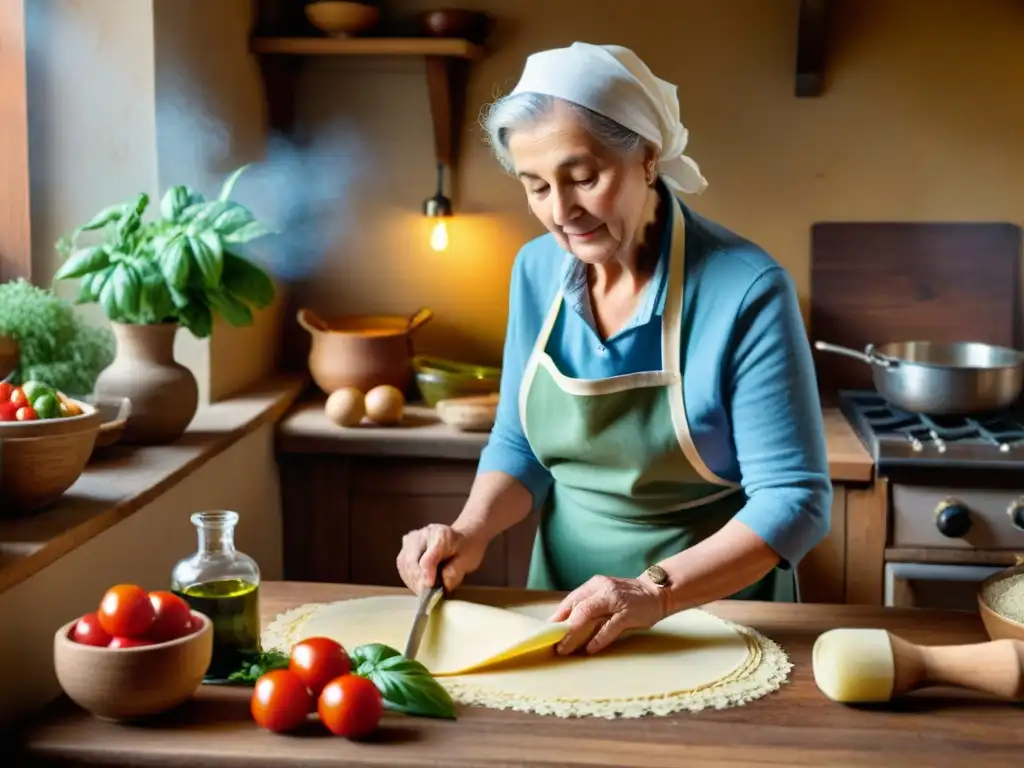 Nonna experta en cocina italiana, amasa pasta con ingredientes auténticos en cocina rústica