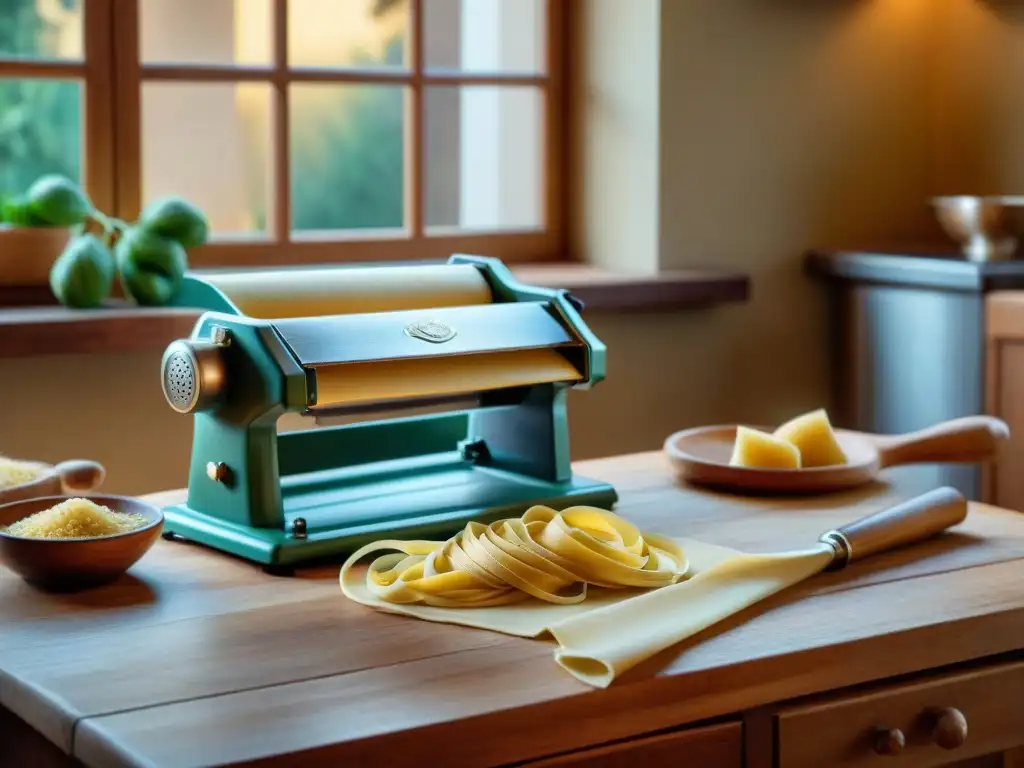 Nonna experta en cocina italiana, amasando pasta fresca con máquina vintage