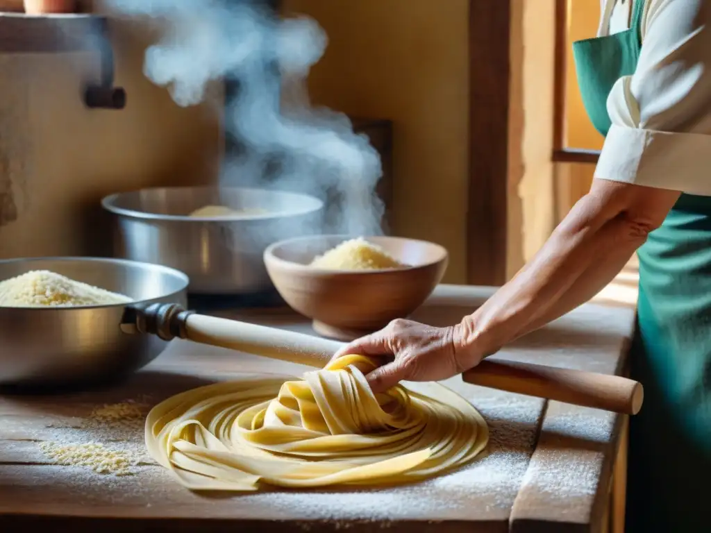 Nonna experta en cocina italiana regional, elaborando platos icónicos a mano en una cocina rústica de la Toscana