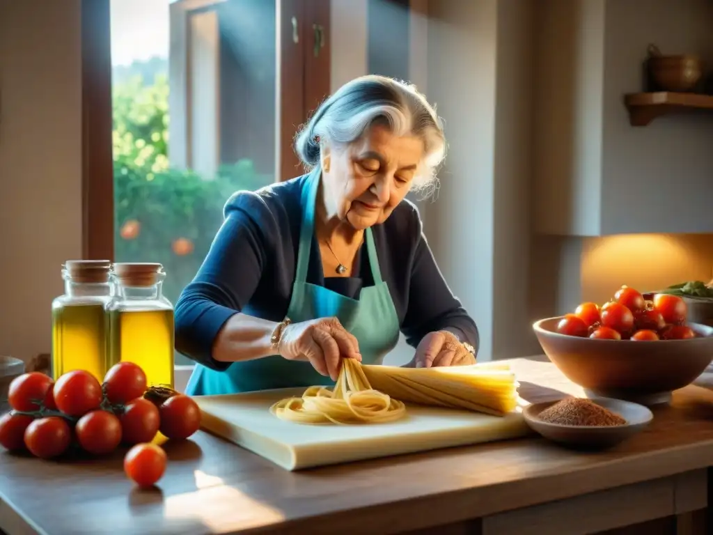 Nonna experta en cocina italiana tradicional, amasando pasta fresca con libros de recetas clásicas de fondo y luz cálida