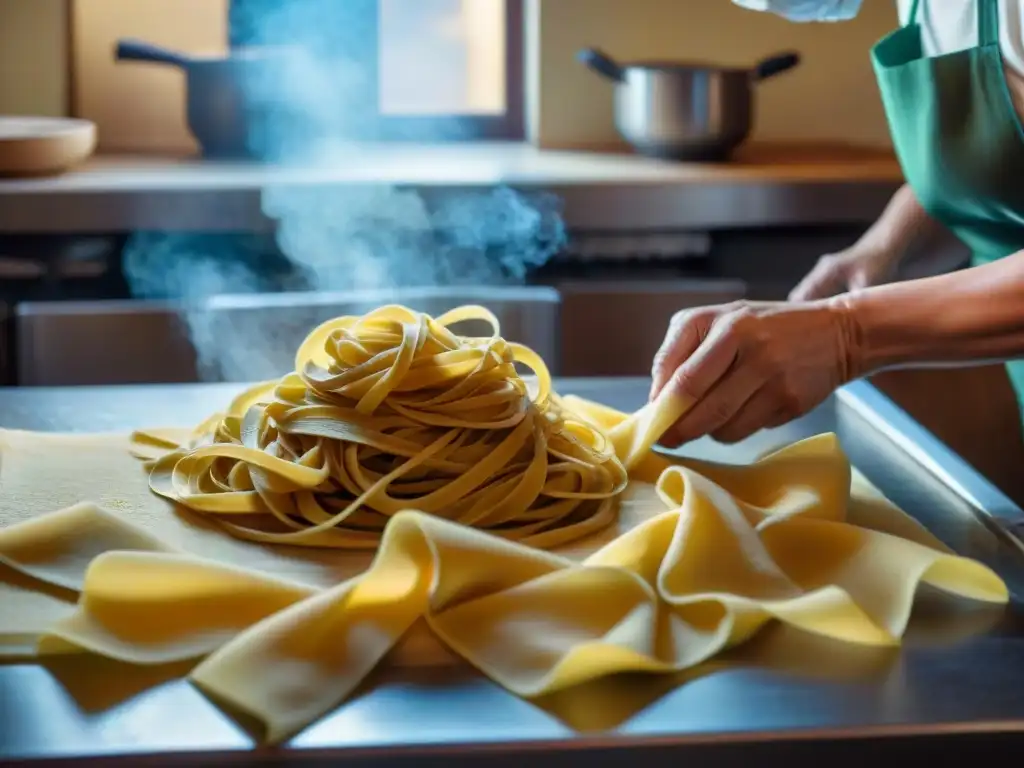 Nonna experta en gastronomía italiana platos tradicionales, moldeando tagliatelle a mano en cocina italiana