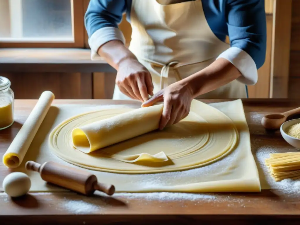 Una experta nonna italiana estira la masa de pasta a mano en una cocina tradicional, con utensilios vintage y luz natural