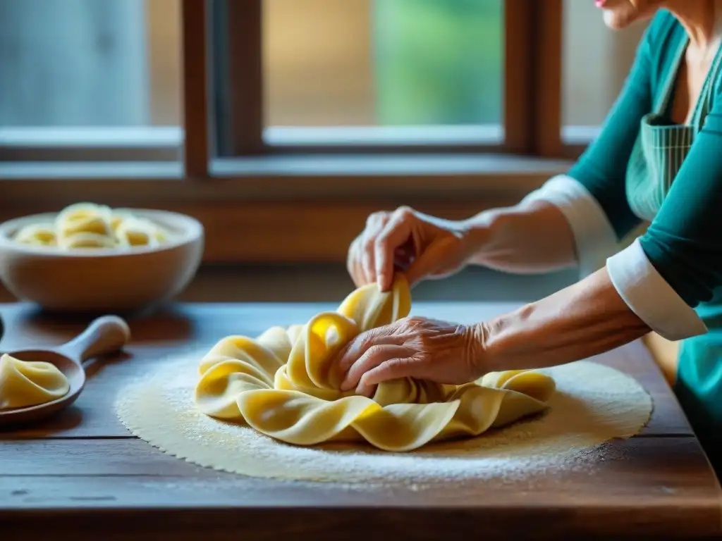 Experta nonna italiana moldea tortellini a mano en cálida cocina, para cursos online cocina italiana tradicional