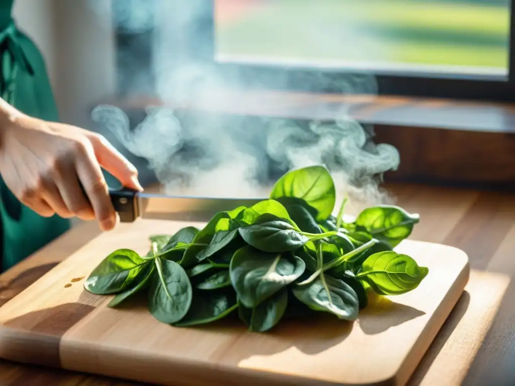 Preparación experta de pasta fresca vegana con espinacas cortadas finamente en tabla de madera al sol