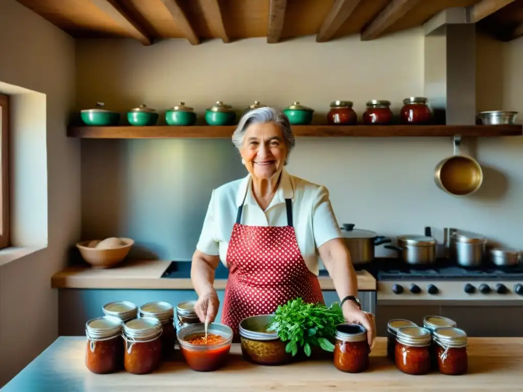 La experta nonna prepara salsas italianas caseras en una cocina rústica