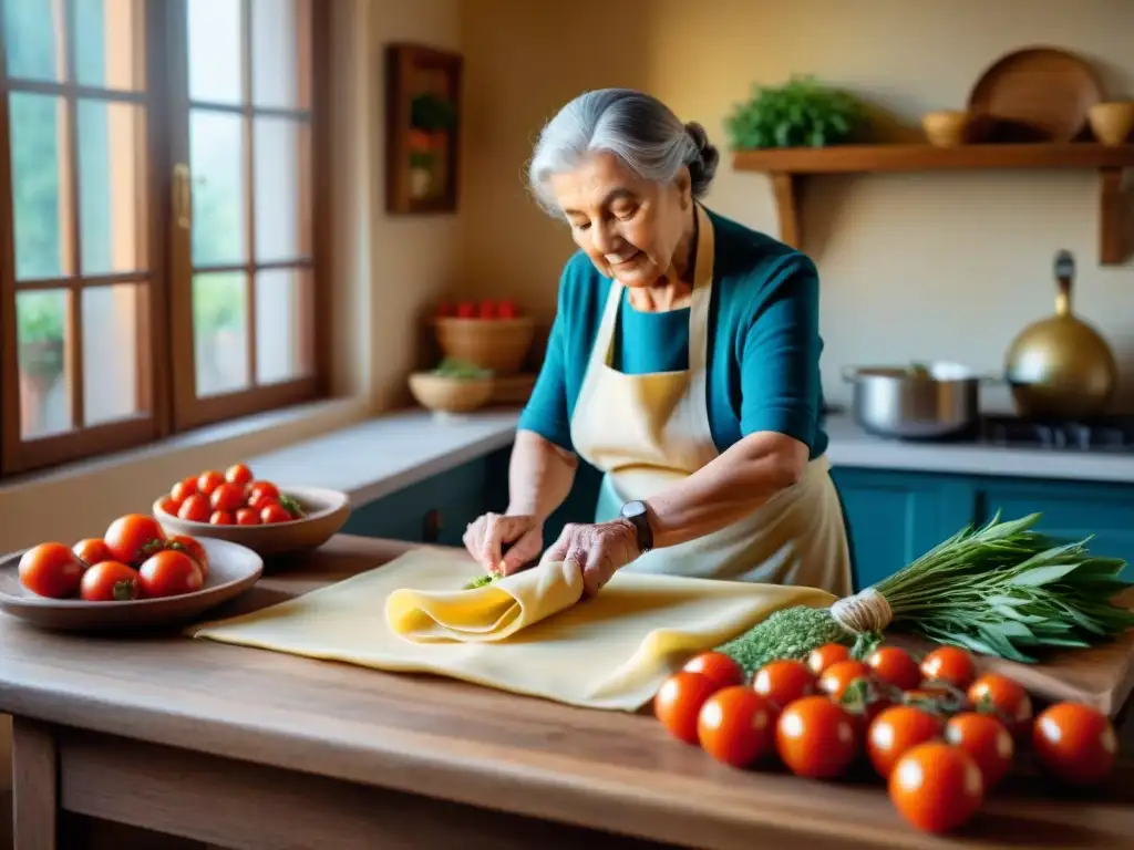 Nonna experta en técnicas italianas para digestión óptima preparando pasta fresca en cocina tradicional