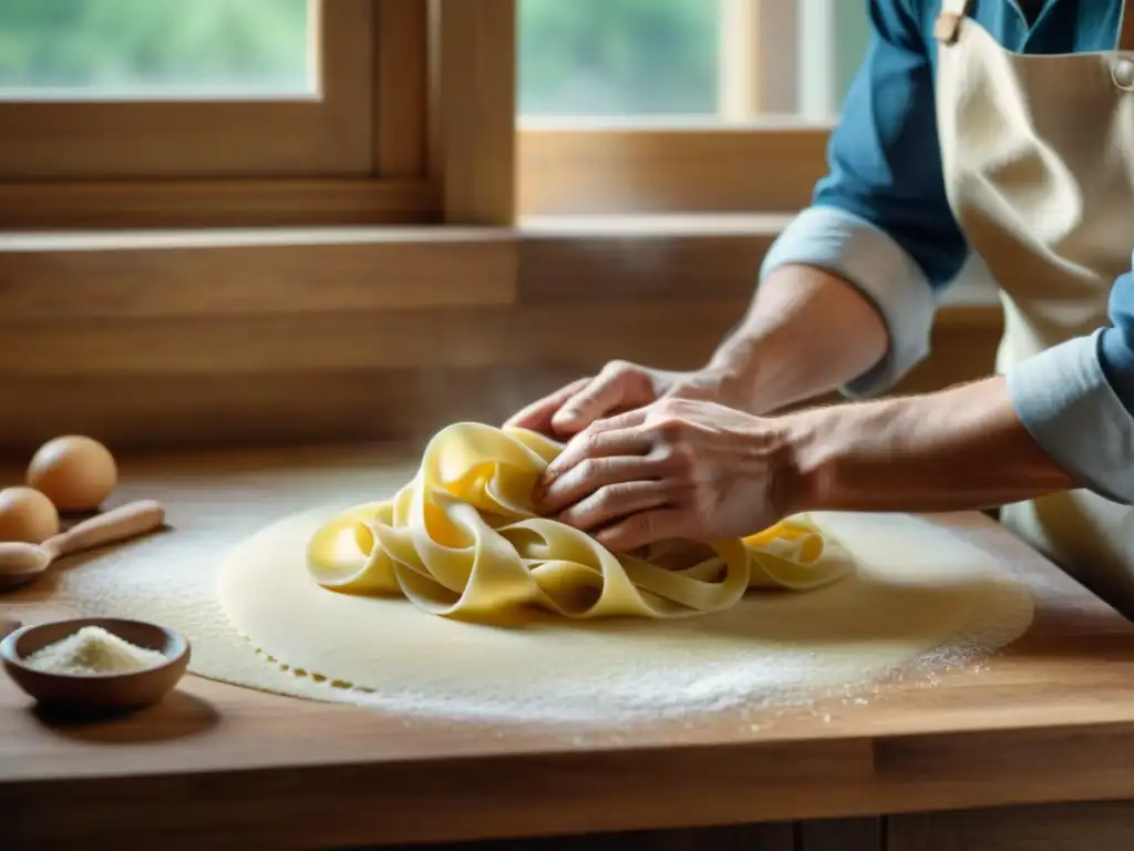 Expertas manos amasan pasta fresca con técnicas del sur italiano en una cocina rústica