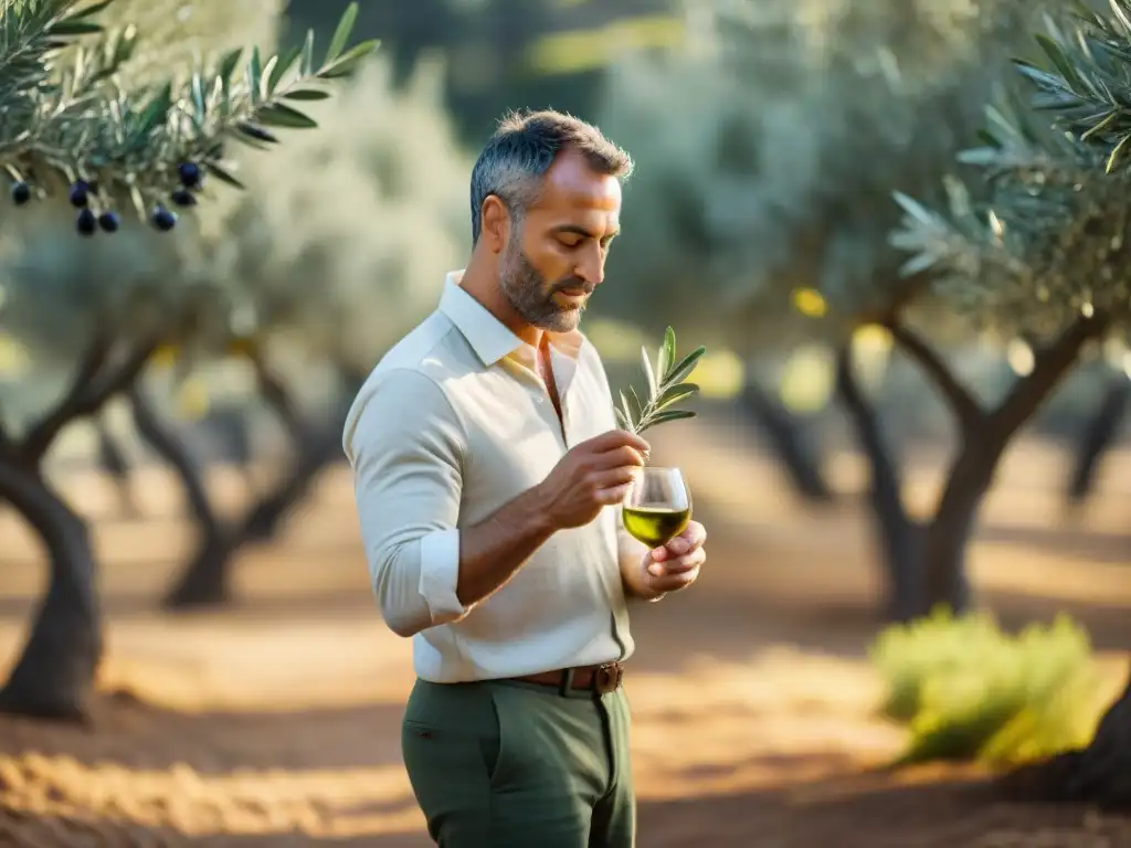 Un experto en degustación de aceite de oliva premium examina con atención una copa en un olivar soleado