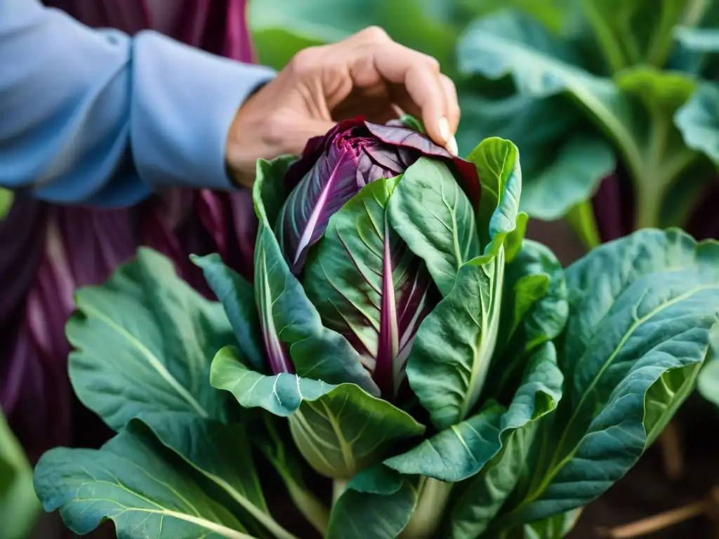 Un experto agricultor cosechando radicchio fresco en Italia, resaltando la belleza de este vegetal