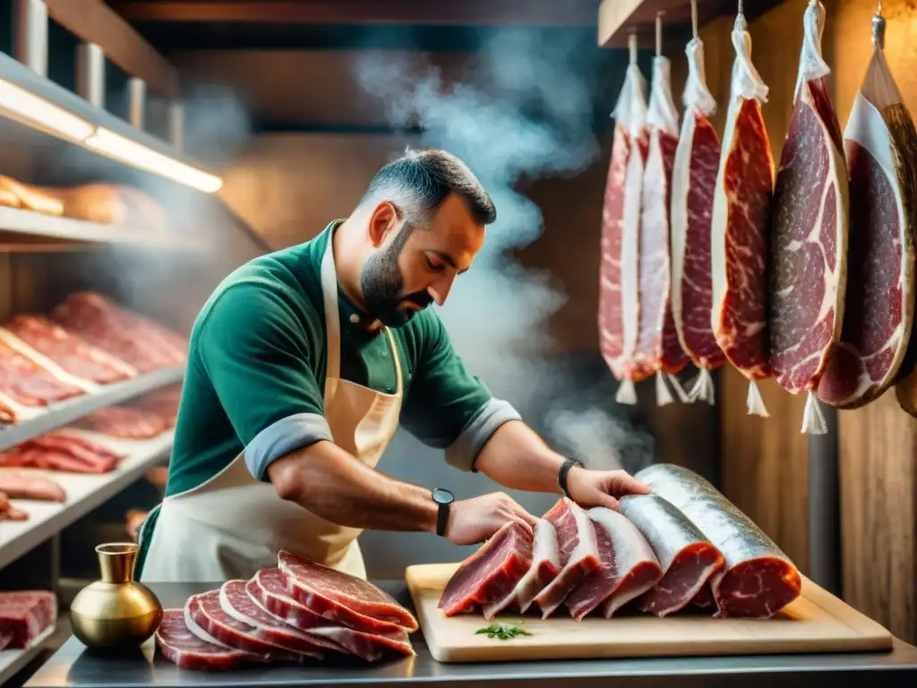 Un experto artesano italiano conservando carnes tradicionales con precisión en bodega