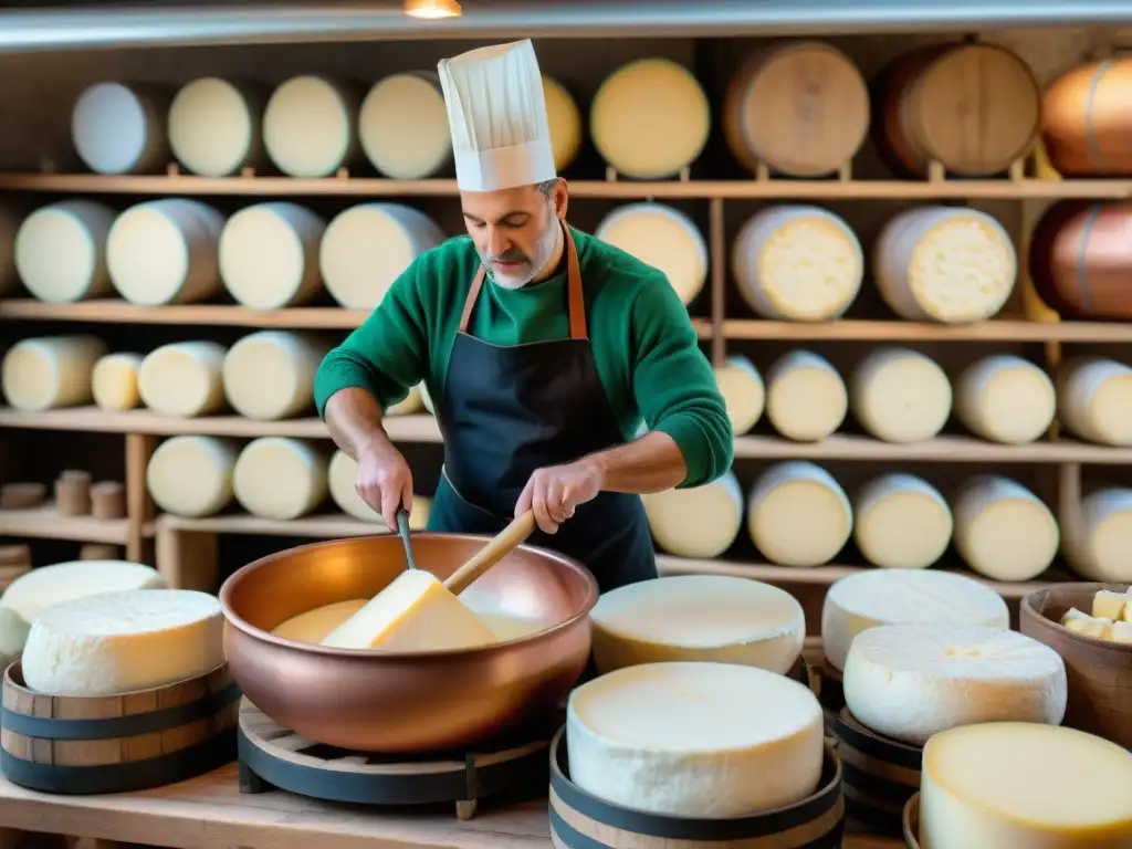 Un experto artesano elabora mozzarella fresca en un taller italiano, rodeado de quesos, barriles y herramientas vintage