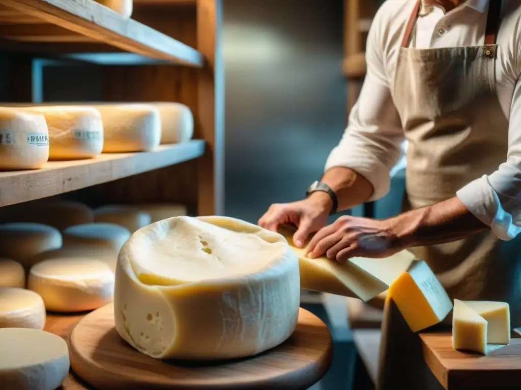 Experto artesano envolviendo un queso Taleggio en paño tradicional, resaltando su textura y cremoso interior