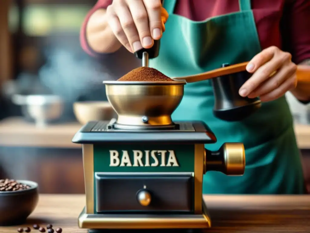 Un experto barista muele granos de café recién tostados en un molino manual vintage, resaltando la artesanía y el aroma