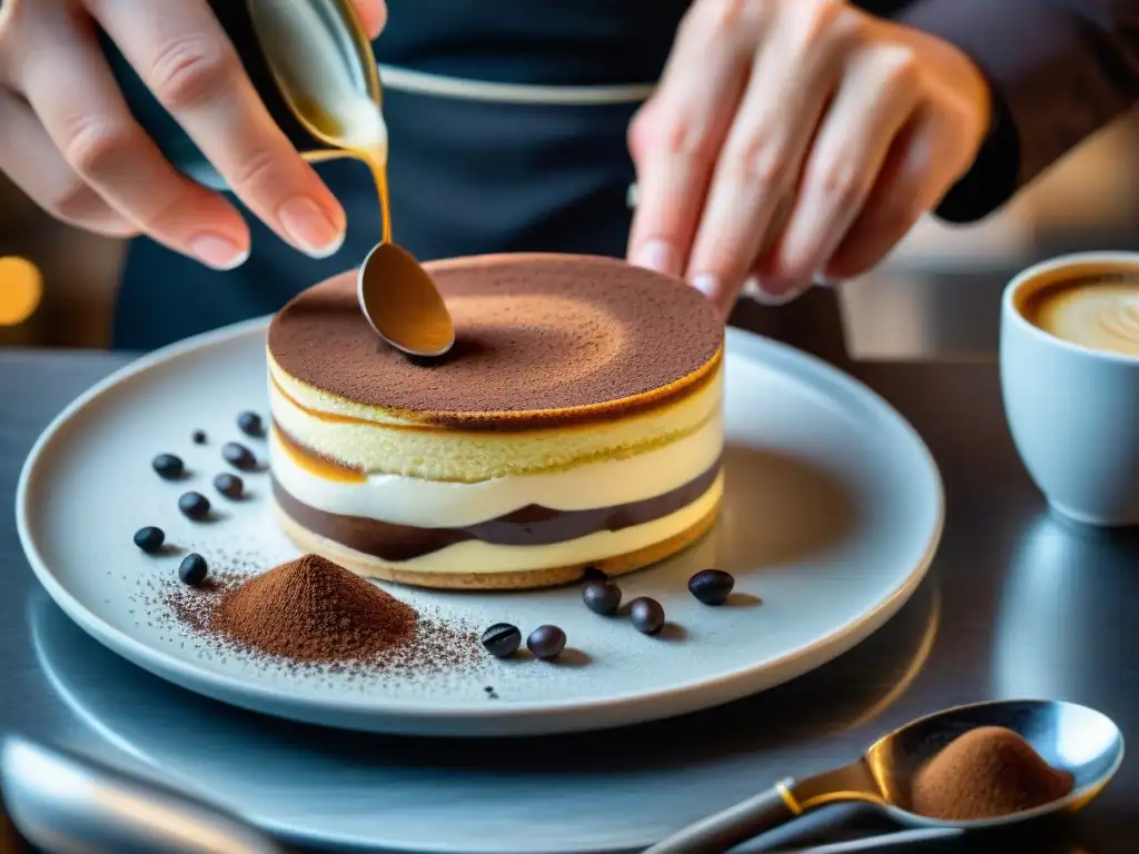 El experto barista elabora un tiramisú italiano, maridaje café postres italianos