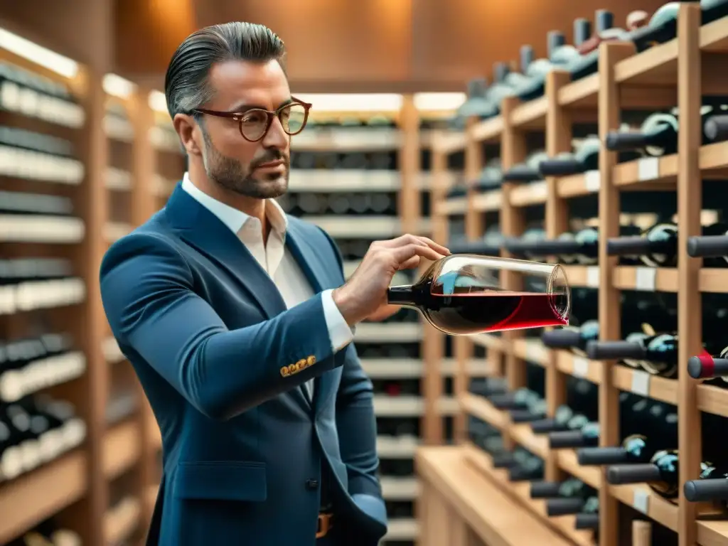 Un experto sommelier vierte con maestría un Barolo en copa de cristal, destacando el maridaje vinos italianos cocina tradicional