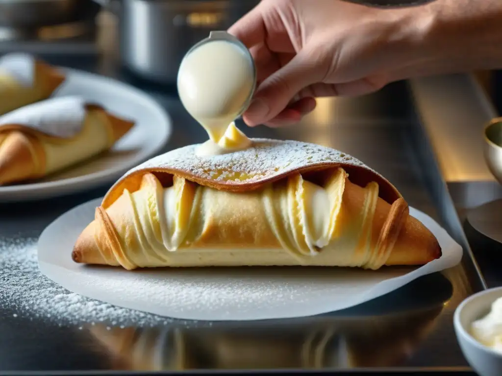 Un experto chef rellena cuidadosamente un cannoli siciliano en una cocina de comida rápida, mostrando una adaptación innovadora