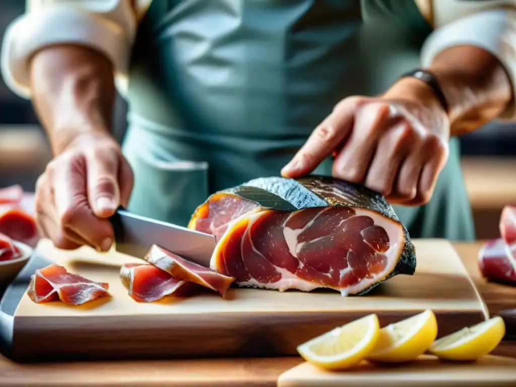 Un experto carnicero italiano corta prosciutto di Parma en una tradicional charcutería llena de embutidos y salamis colgantes