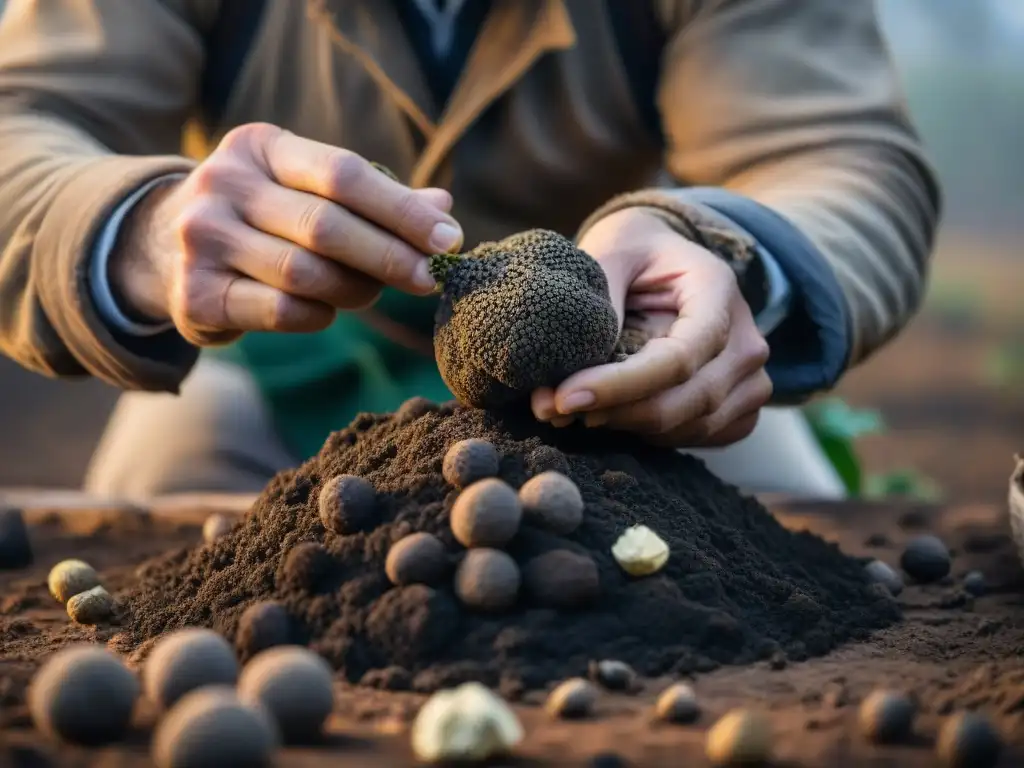 Un experto cazador de trufas italiano, con traje tradicional, sostiene una trufa negra recién desenterrada, rodeado de bosques brumosos